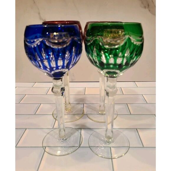 FIFTH AVENUE PRINCESS Set of 4 Cut-To-Clear Wine Goblets Green-Purple-Blue-Red - Picture 12 of 16